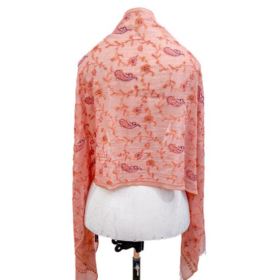 Wool &amp; Silk Needle Embroidered Stole (Light Orange) 