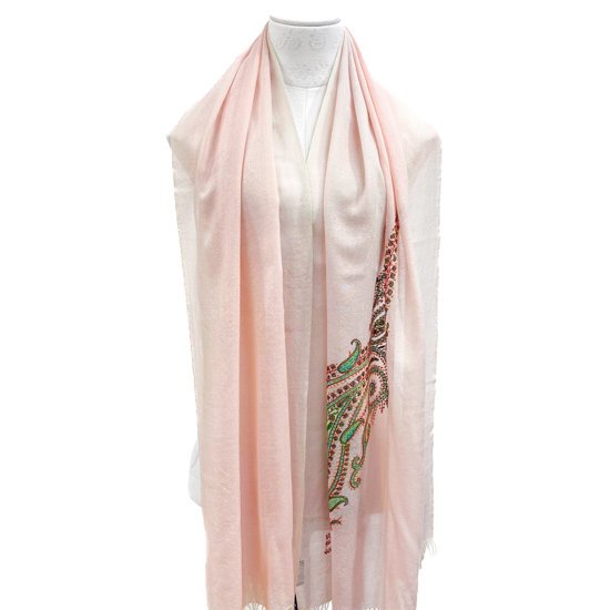 Wool &amp; Silk Needle Embroidered Stole (Pink Beige)