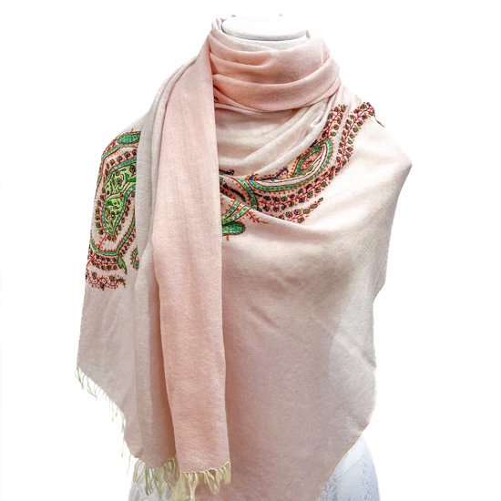 Wool &amp; Silk Needle Embroidered Stole (Pink Beige)