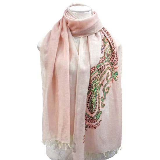 Wool &amp; Silk Needle Embroidered Stole (Pink Beige)