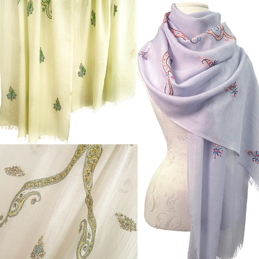 Wool &amp; Silk Needle Hand Embroidered Stole (Apple Green) S-WTN2510_0065