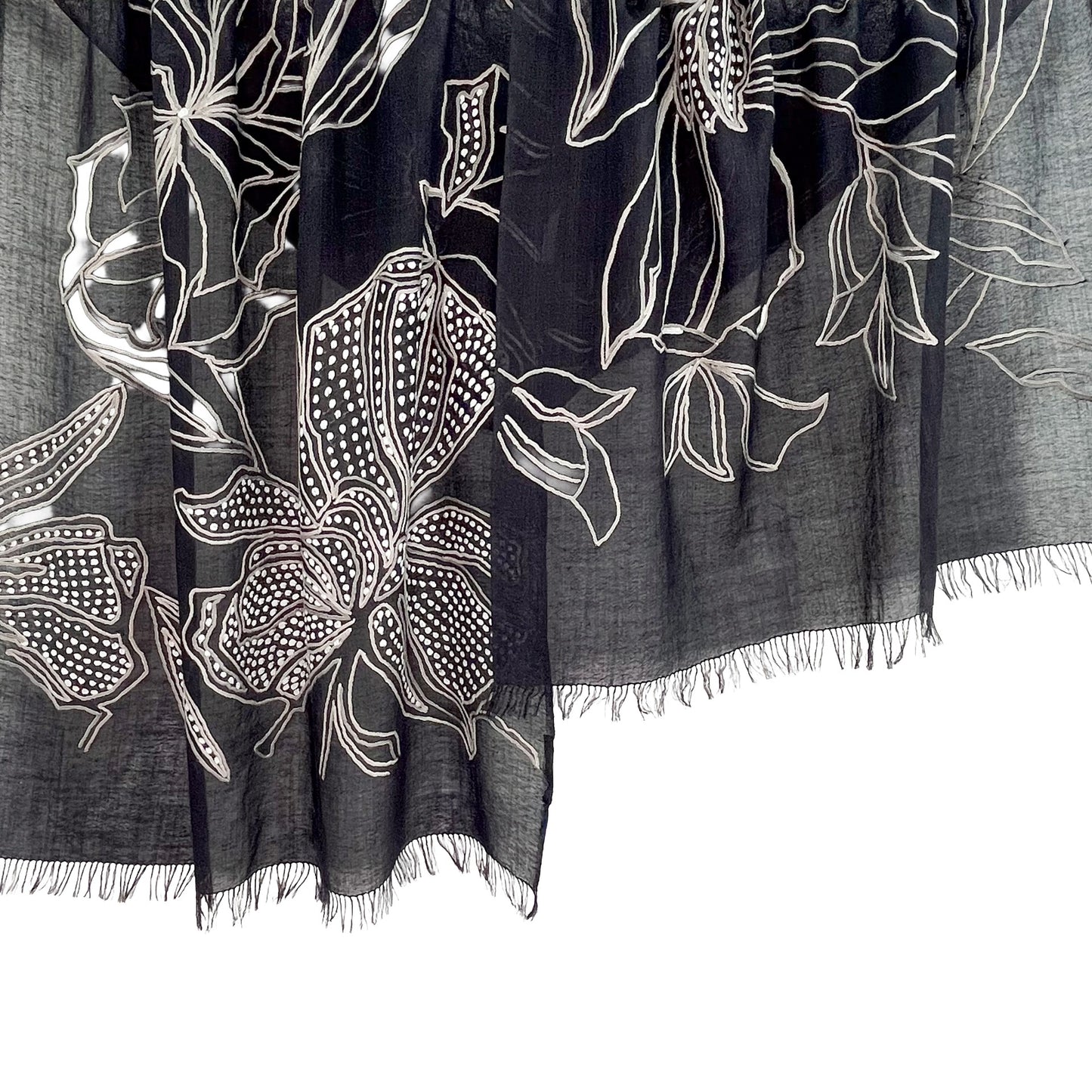 Line & Dot Flower 薄手ウール&シルク アリー手刺繍ストール (オフブラック)