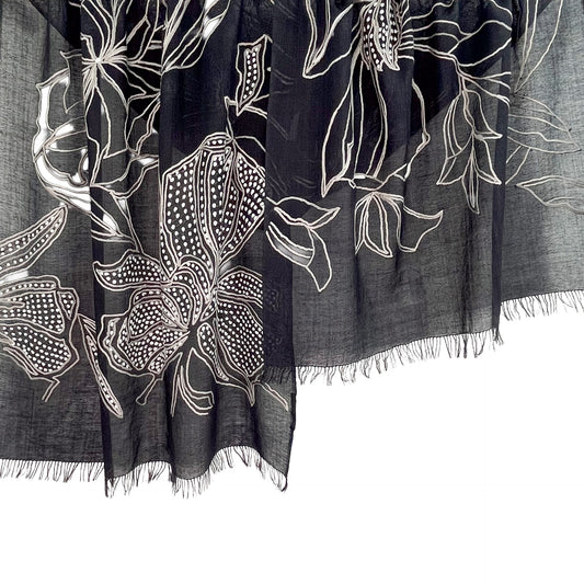 Line & Dot Flower 薄手ウール&シルク アリー手刺繍ストール (オフブラック)