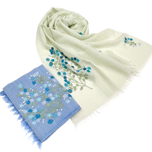 Mimosa Lightweight Wool &amp; Silk Allie Hand Embroidered Narrow Stole (Sky Blue)