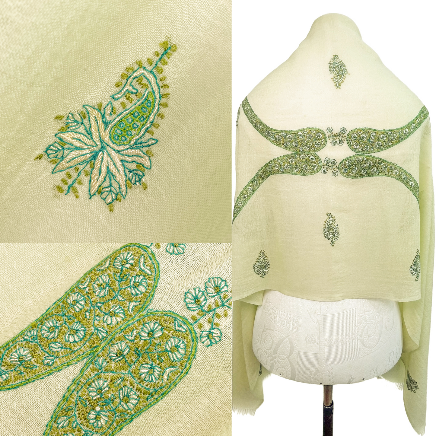 Wool &amp; Silk Needle Hand Embroidered Stole (Apple Green) S-WTN2510_0065