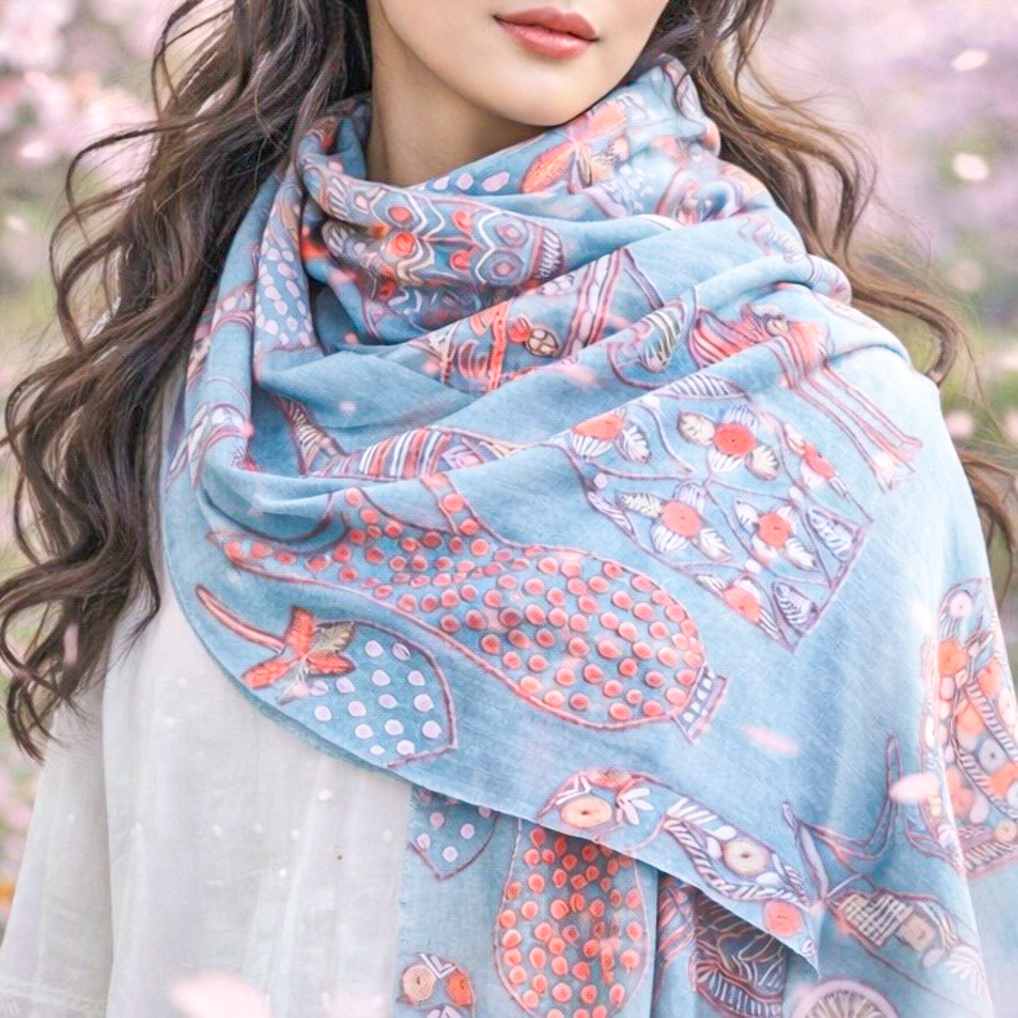 PARTY 薄手ウール&シルク アリー手刺繍ストール (ライトブルー/ピンク)