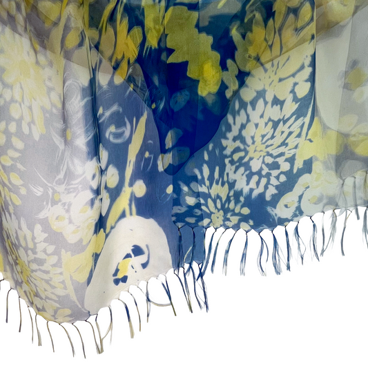 日本製ダブルシルクプリント二重シルクオーガンジー ストール (ネイビー/イエロー）