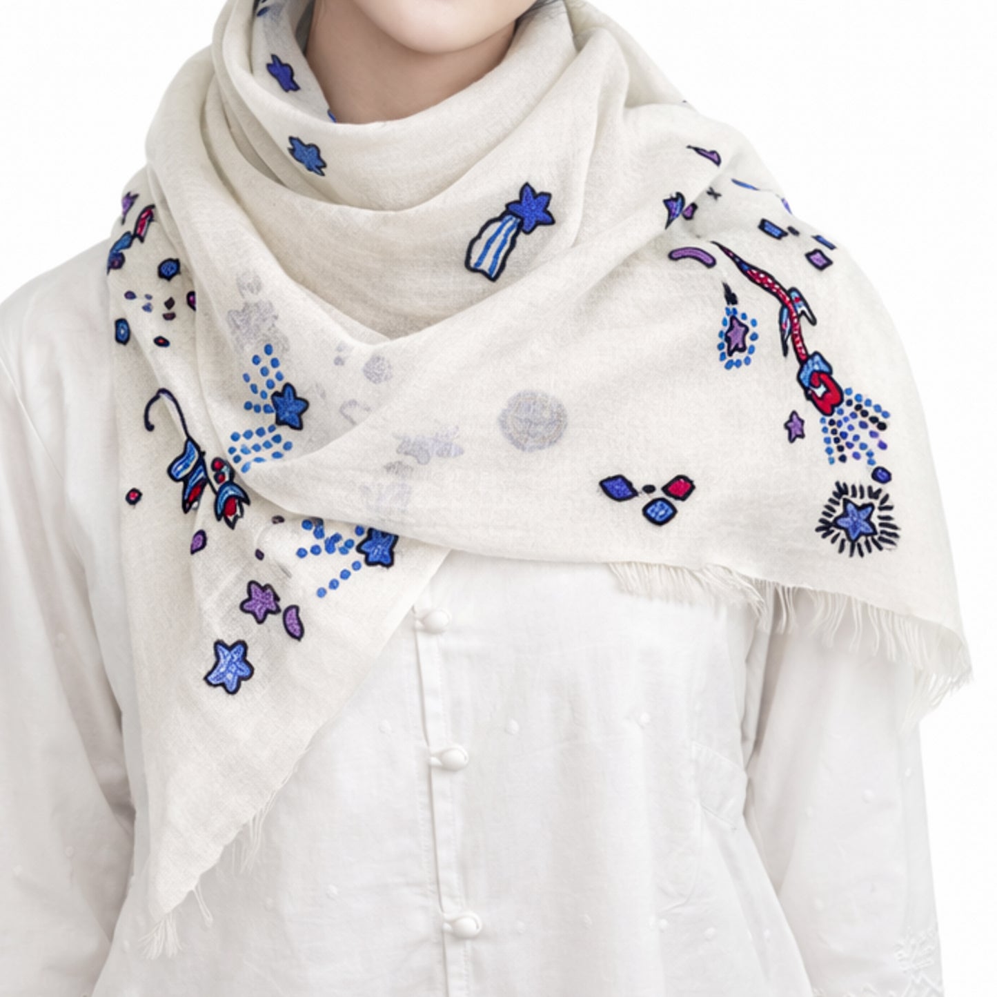 Space Odessey 薄手ウール&シルク アリー手刺繍細幅ストール