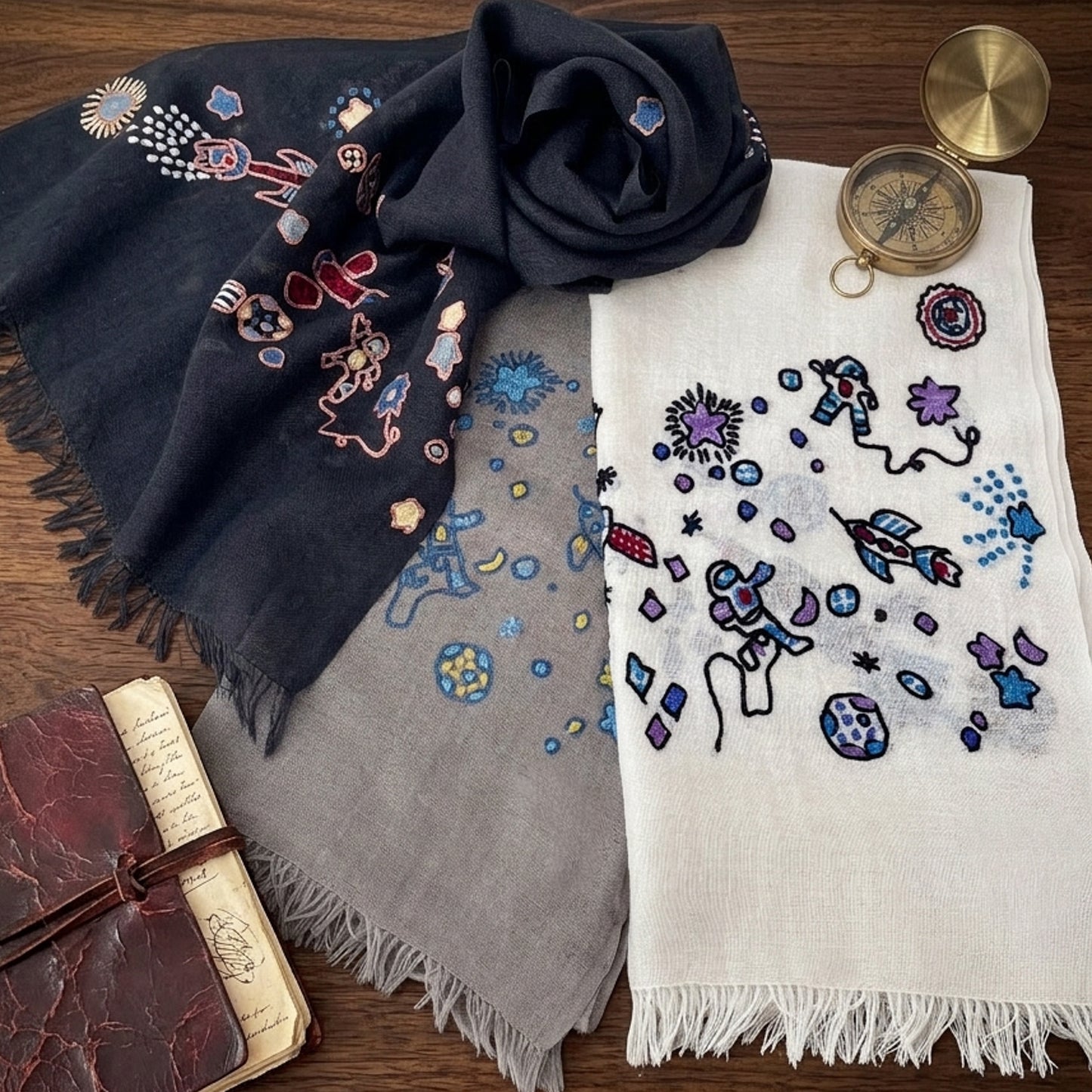 Space Odessey 薄手ウール&シルク アリー手刺繍細幅ストール