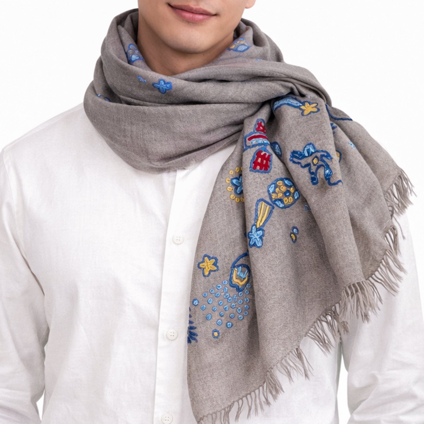 Space Odessey 薄手ウール&シルク アリー手刺繍細幅ストール