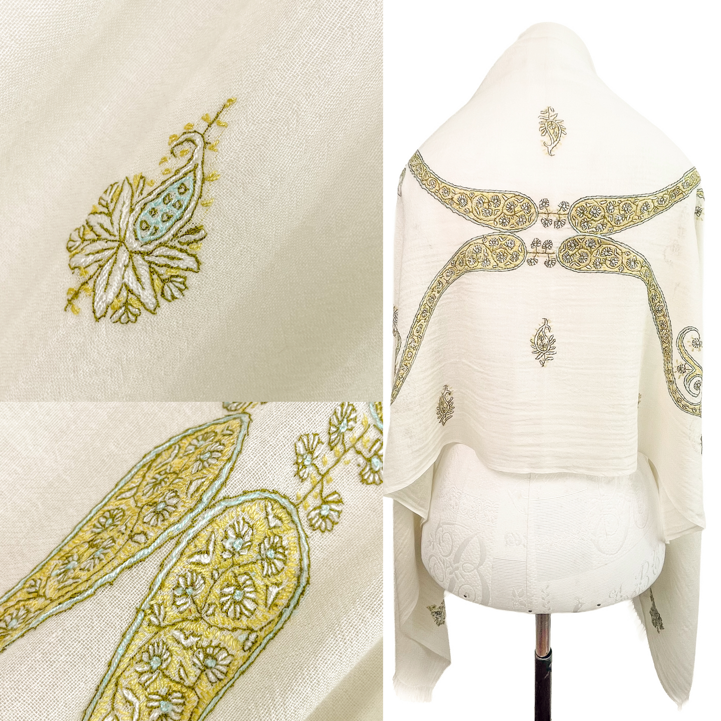 Wool &amp; Silk Needle Hand Embroidered Stole (Apple Green) S-WTN2510_0065