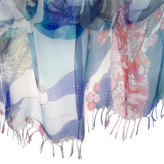 日本製ダブルシルクプリント二重シルクオーガンジー ストール (ブルー）