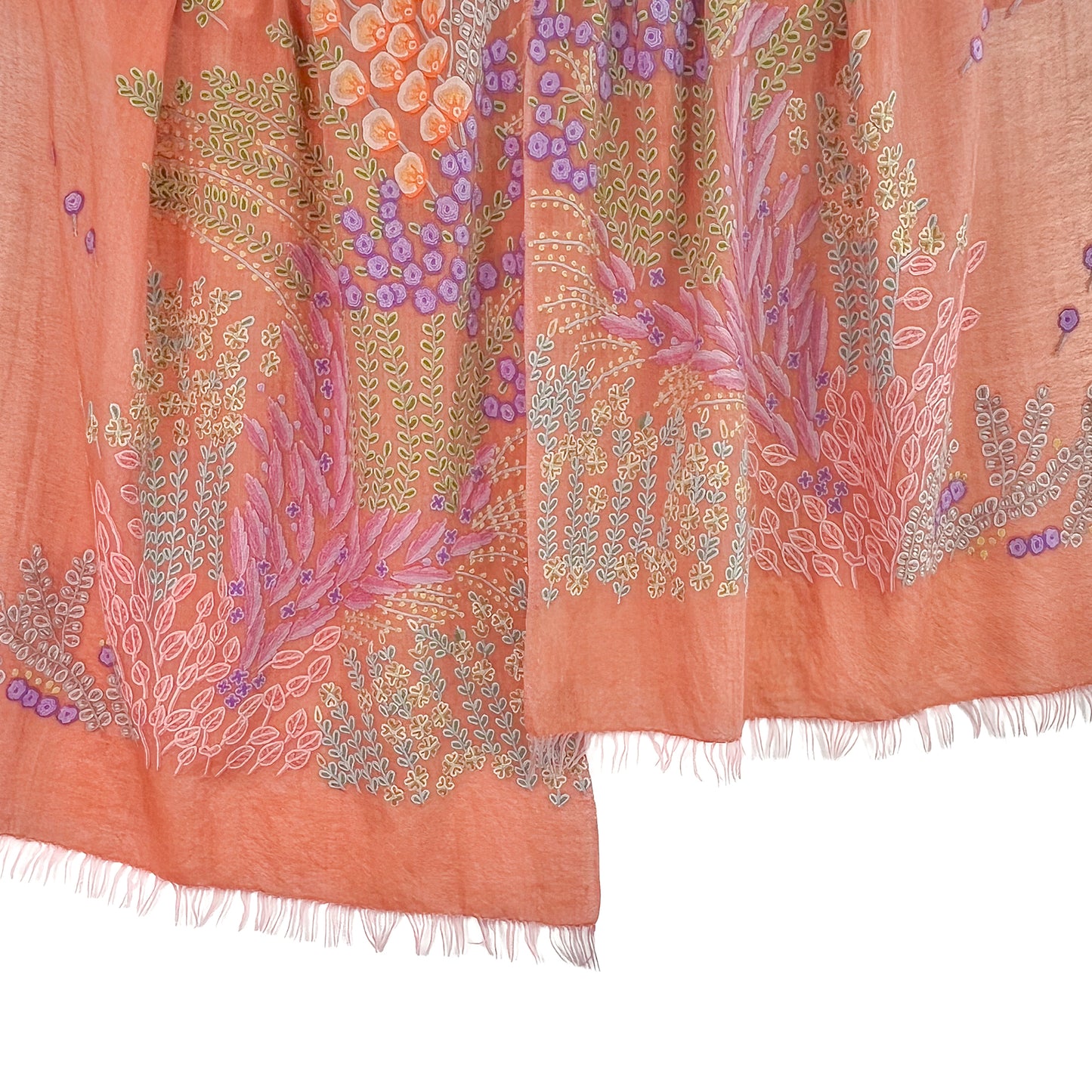 Spring Garden  薄手ウール&シルク アリー手刺繍ストール (ペールオレンジ)