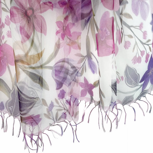 日本製ダブルシルクプリント二重シルクオーガンジー プリントストール (ホワイト/ピンク）