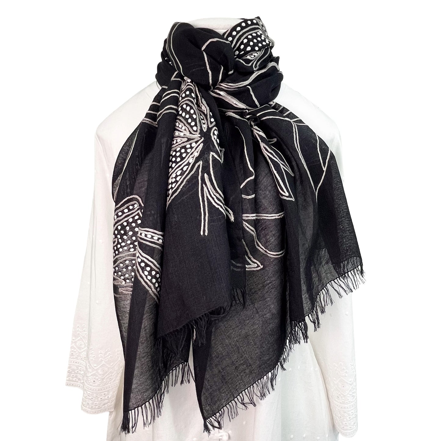 Line & Dot Flower 薄手ウール&シルク アリー手刺繍ストール (オフブラック)