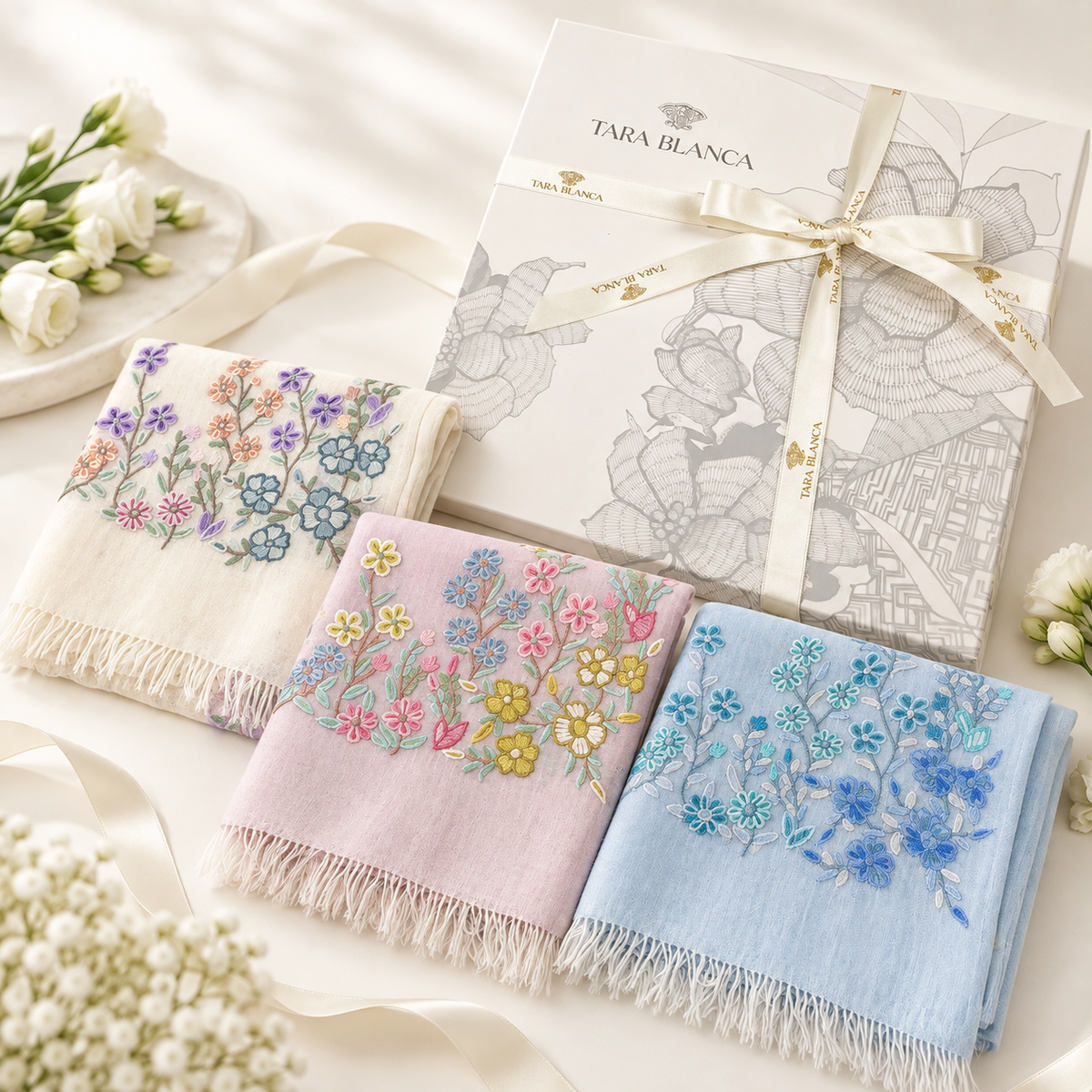 ギフトシリーズ 薄手ウール&シルク アリー手刺繍細幅ストール (ラベンダー)(ホワイト)(ライトブルー)