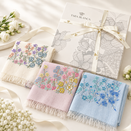 ギフトシリーズ 薄手ウール&シルク アリー手刺繍細幅ストール (ラベンダー)(ホワイト)(ライトブルー)