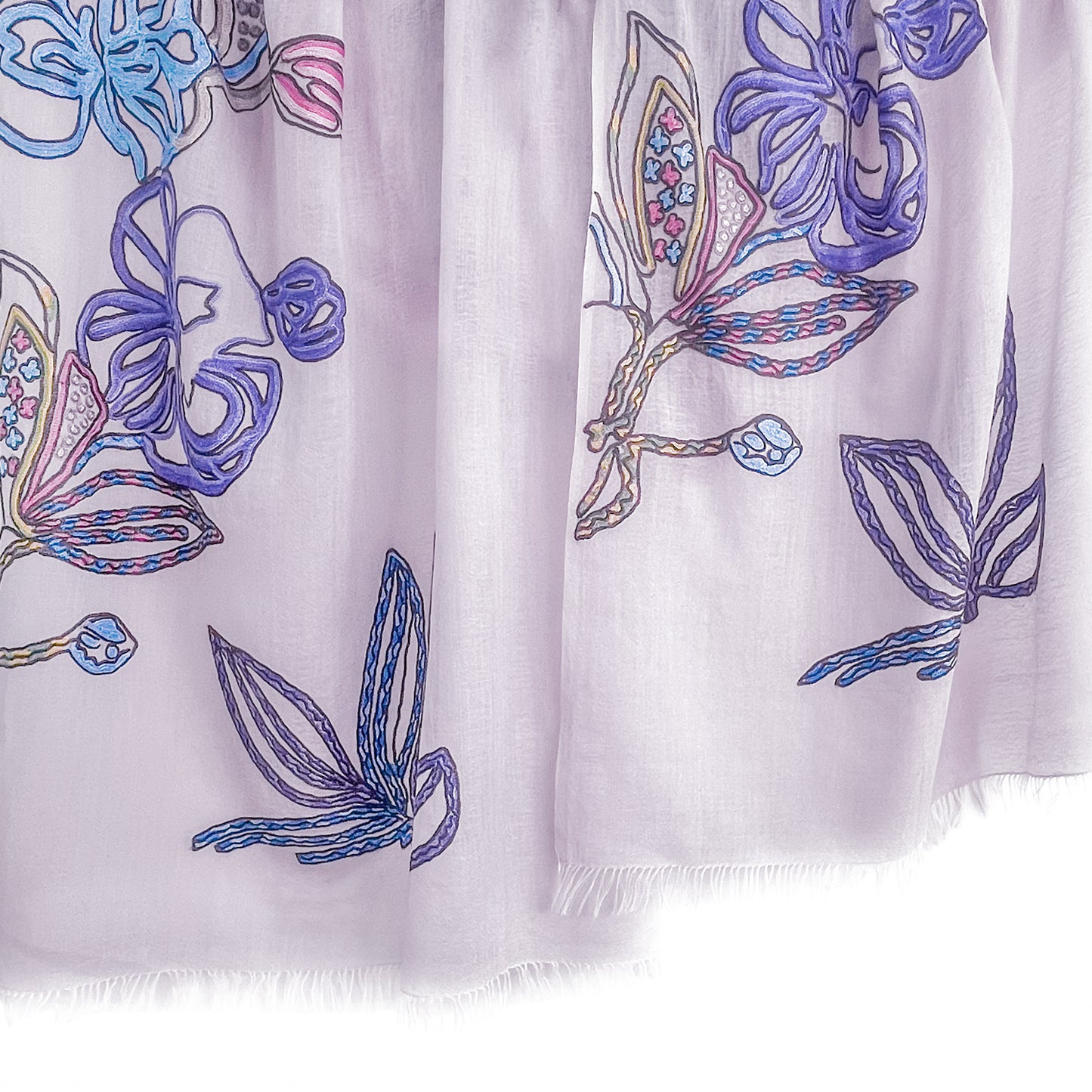 薄手ウール&シルク アリー手刺繍ストール  (ライトラベンダー)