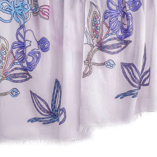 薄手ウール&シルク アリー手刺繍ストール  (ライトラベンダー)