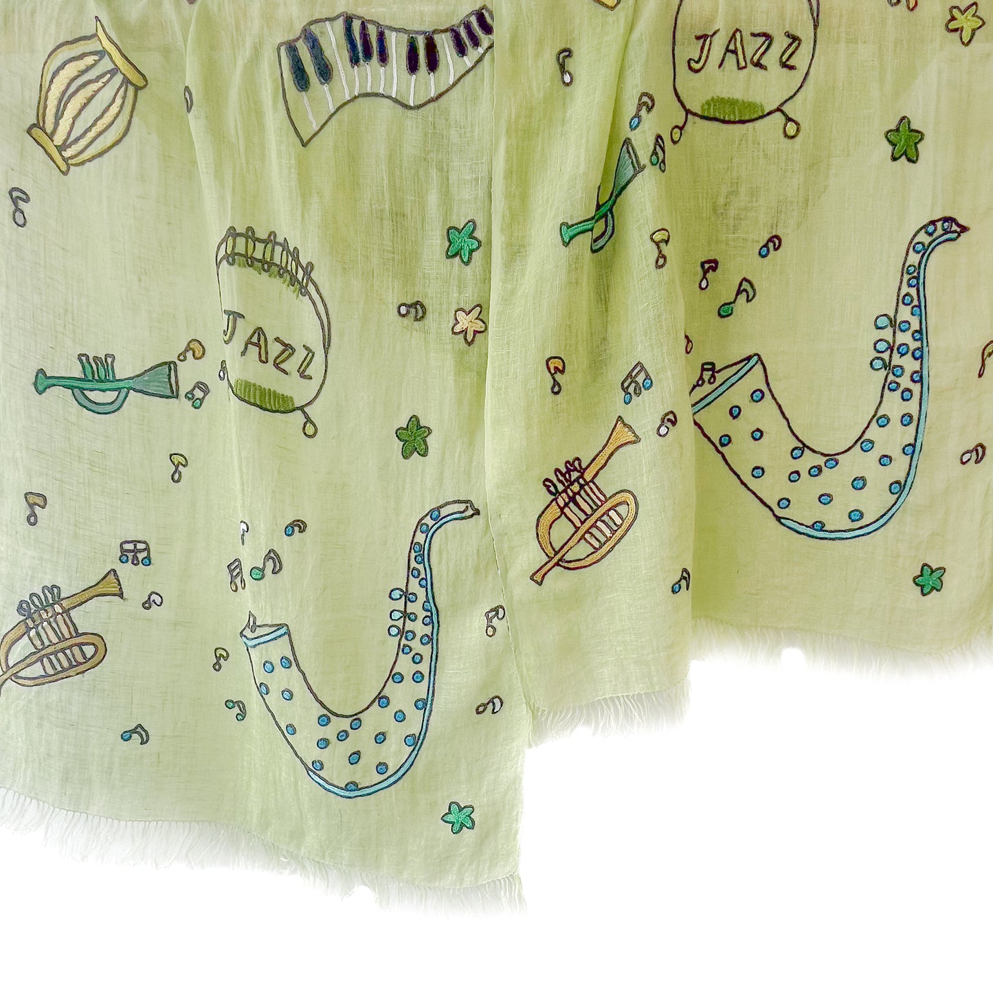 JAZZ柄 リネン アリー手刺繍ストール(ライトグリーン)