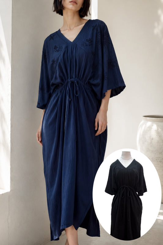 Embroidered Cotton V-Neck Dress (Navy)
