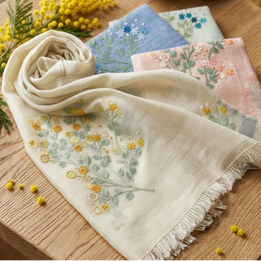 ミモザ 薄手ウール&シルク アリー手刺繍細幅ストール