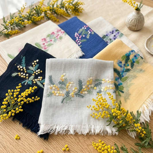 ミモザ　薄手ウール&シルク アリー手刺繍細幅ストール