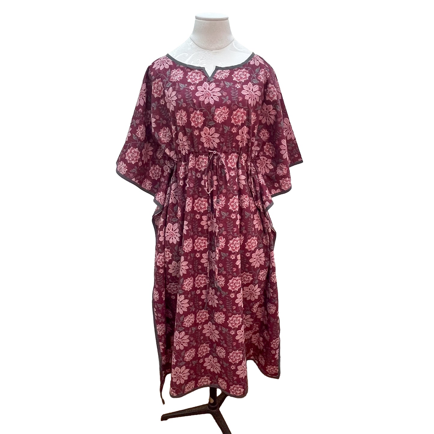 [20% OFF] Free size block print cotton long kaftan (light pink/khaki) HG-C0005_1190