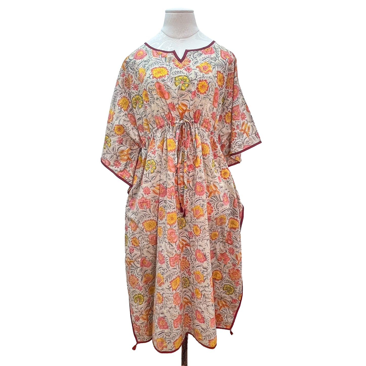 [20% OFF] Free size block print cotton long kaftan (light pink/khaki) HG-C0005_1190