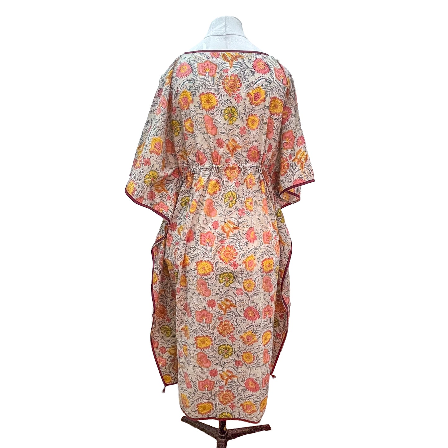 [20% OFF] Free size block print cotton long kaftan (light pink/khaki) HG-C0005_1190