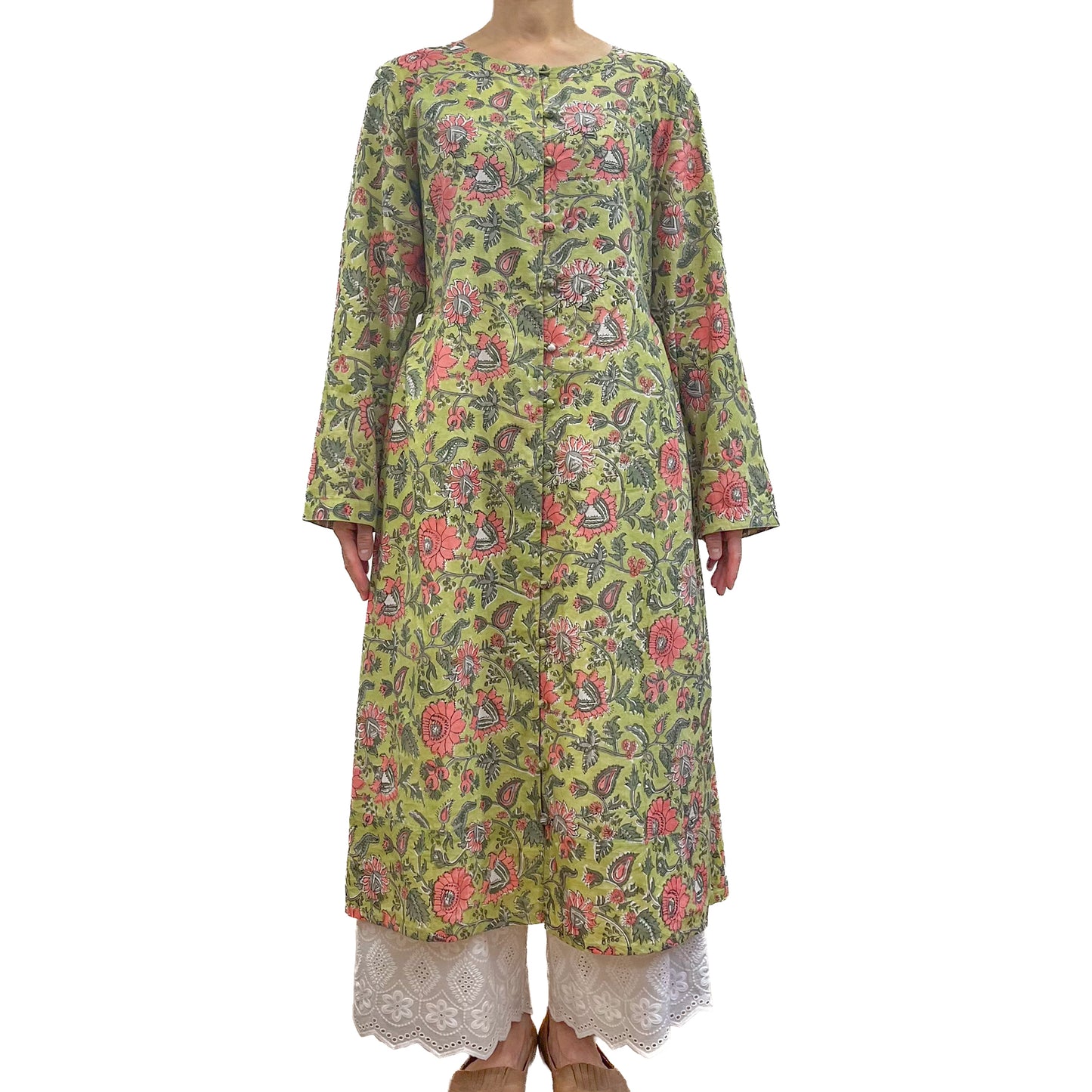 [20% OFF] Free Size Block Print Cotton Long Kaftan (Aquamarine) HG-C0005_0067