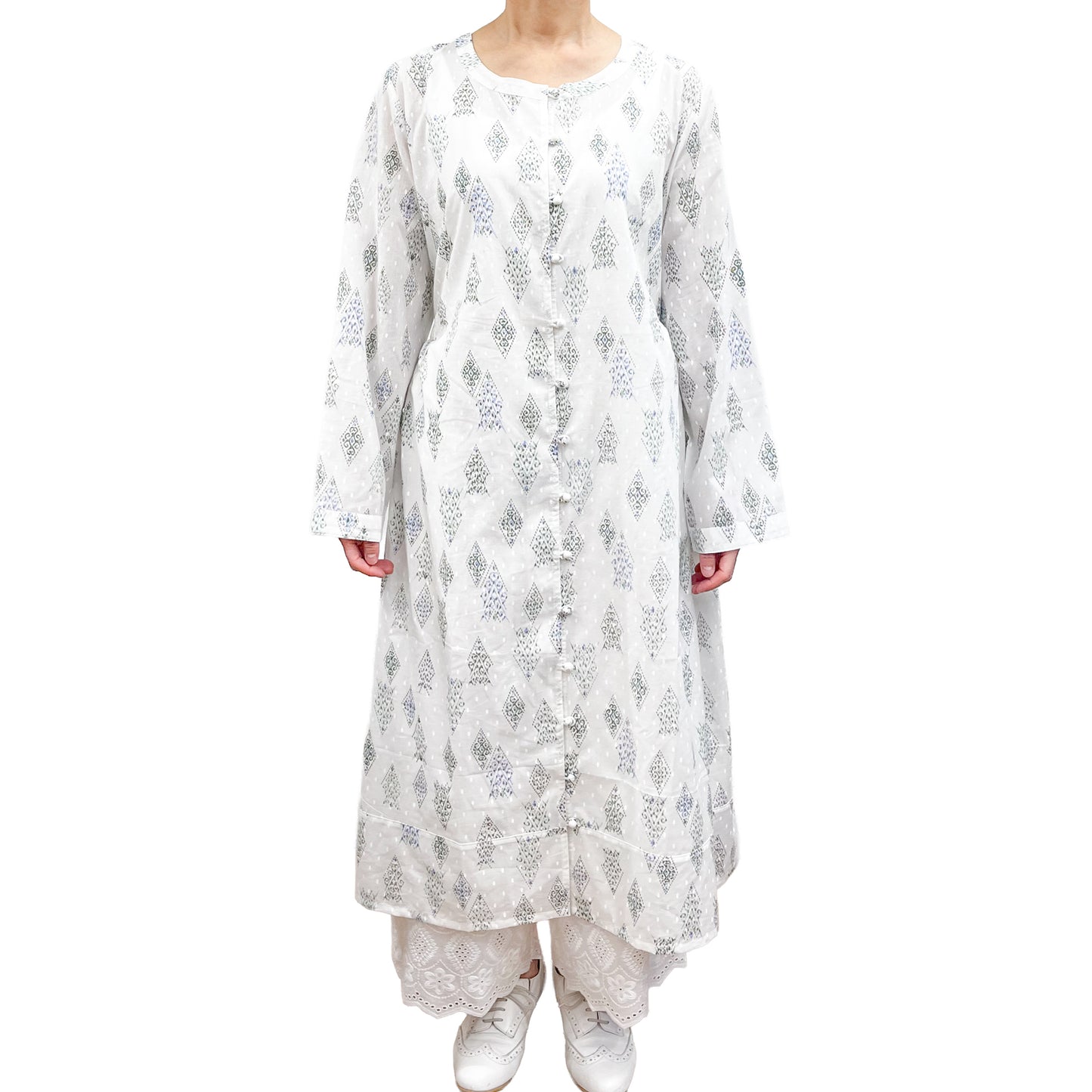[20% OFF] Free Size Block Print Cotton Long Kaftan (Aquamarine) HG-C0005_0067