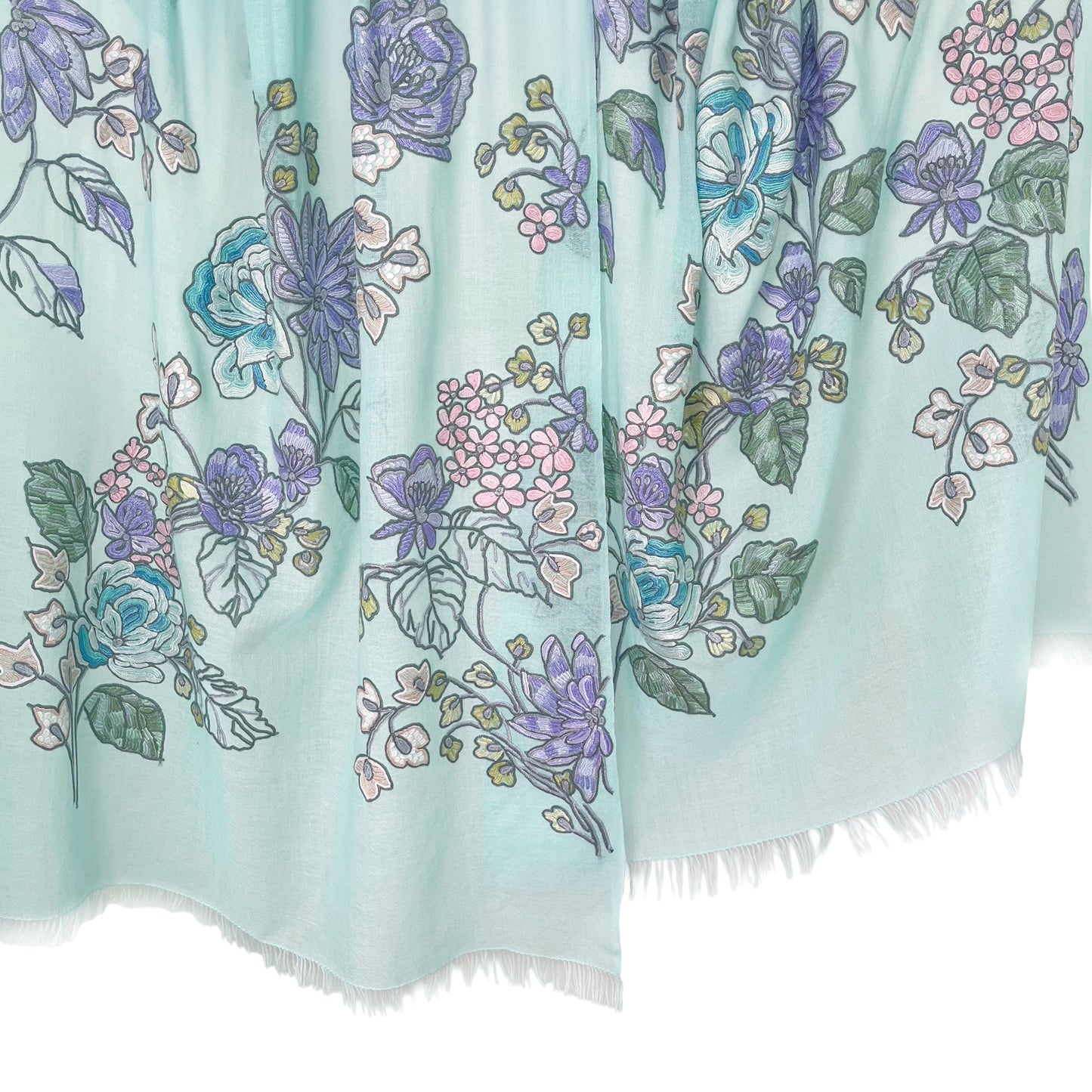 [Free Shipping] Wool &amp; Silk Ali Hand Embroidered Stole 60cm x 200cm (White/Light Turquoise)