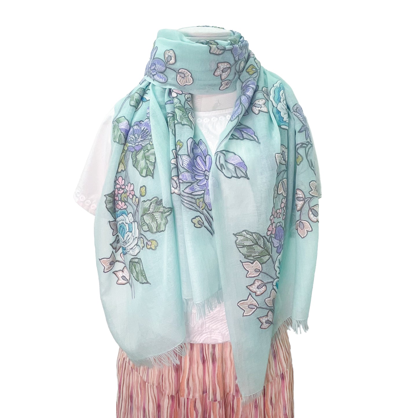 [Free Shipping] Wool &amp; Silk Ali Hand Embroidered Stole 60cm x 200cm (White/Light Turquoise)