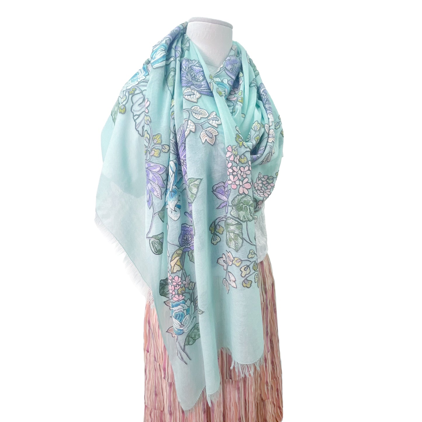 [Free Shipping] Wool &amp; Silk Ali Hand Embroidered Stole 60cm x 200cm (White/Light Turquoise)