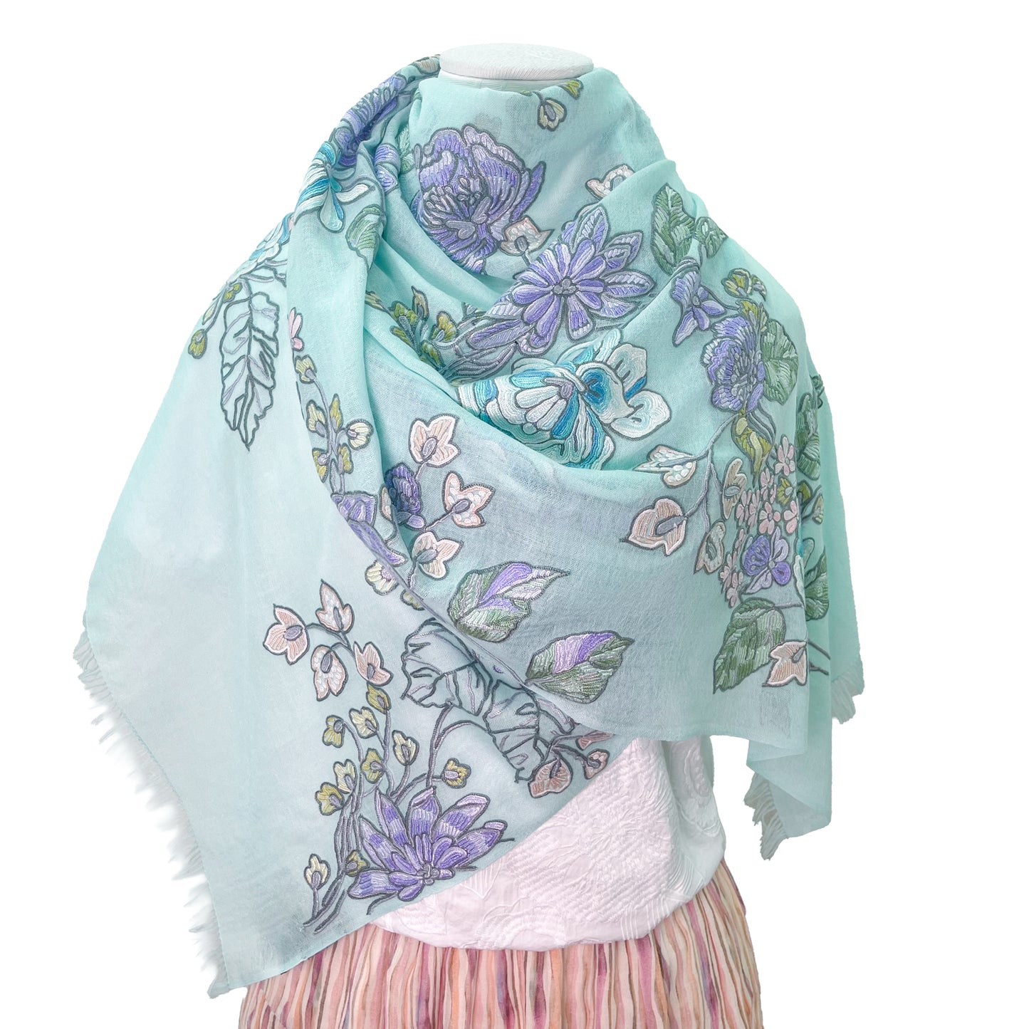[Free Shipping] Wool &amp; Silk Ali Hand Embroidered Stole 60cm x 200cm (White/Light Turquoise)