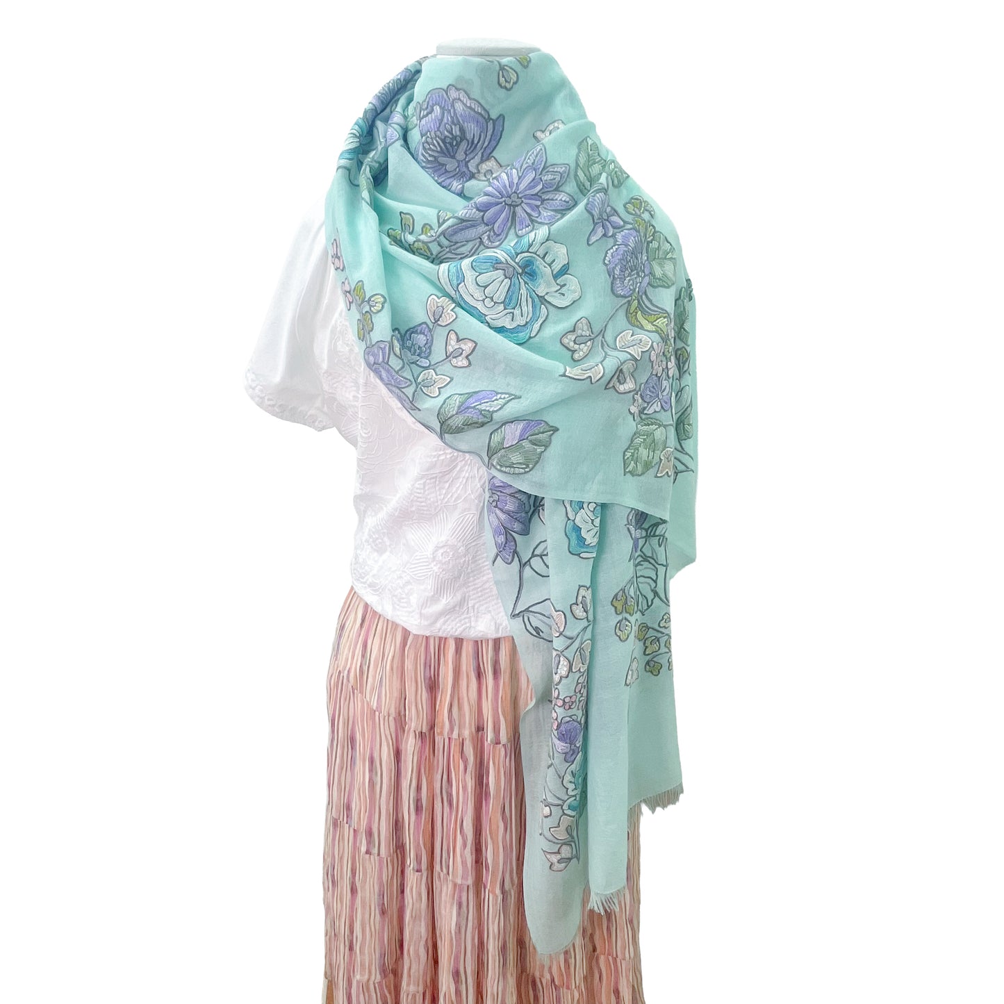 [Free Shipping] Wool &amp; Silk Ali Hand Embroidered Stole 60cm x 200cm (White/Light Turquoise)