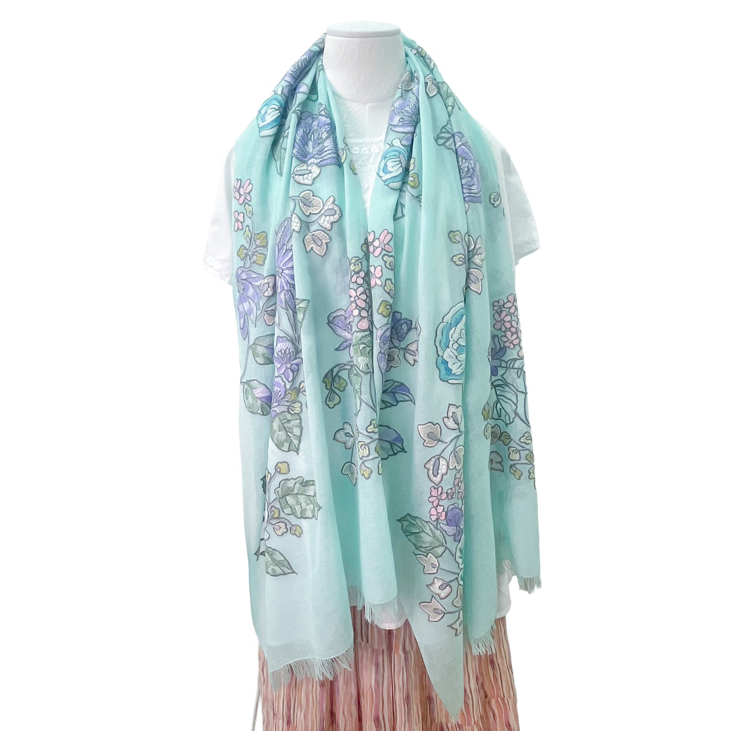[Free Shipping] Wool &amp; Silk Ali Hand Embroidered Stole 60cm x 200cm (White/Light Turquoise)