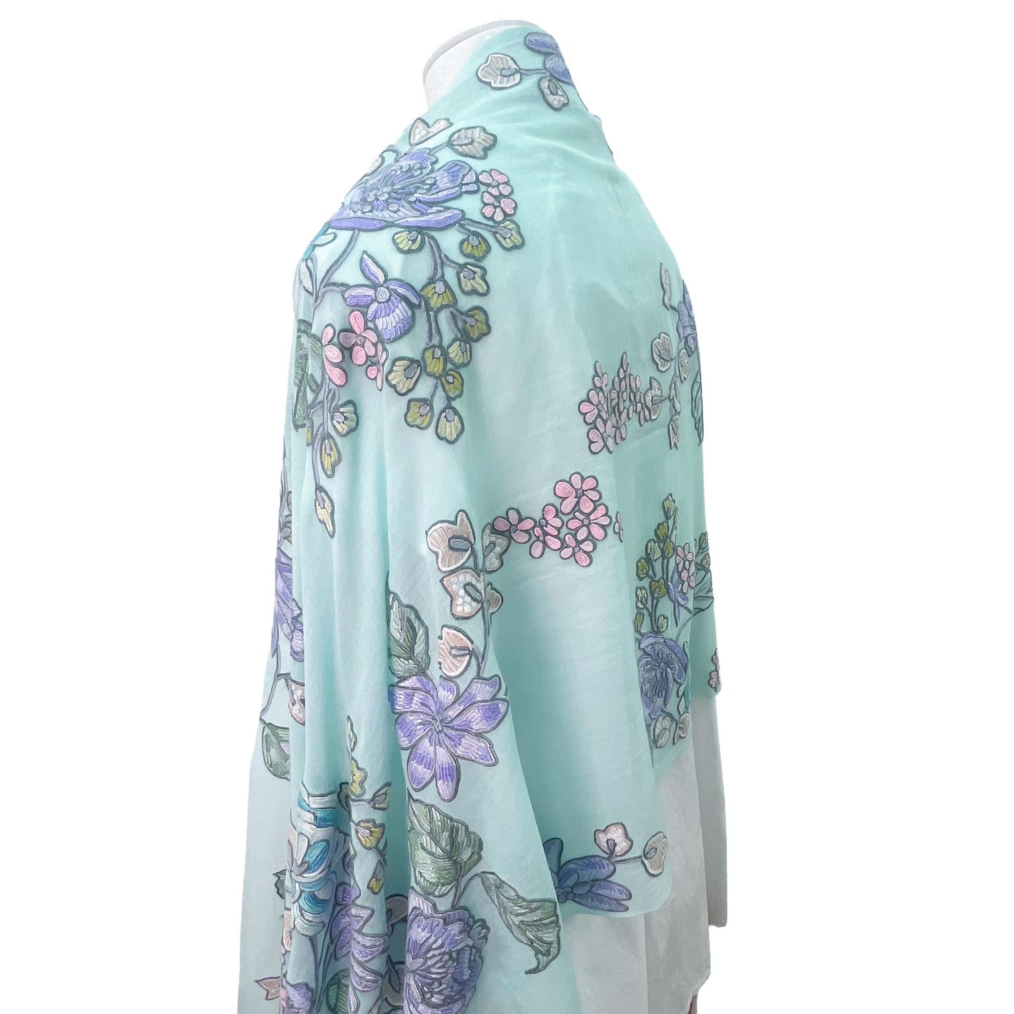 [Free Shipping] Wool &amp; Silk Ali Hand Embroidered Stole 60cm x 200cm (White/Light Turquoise)