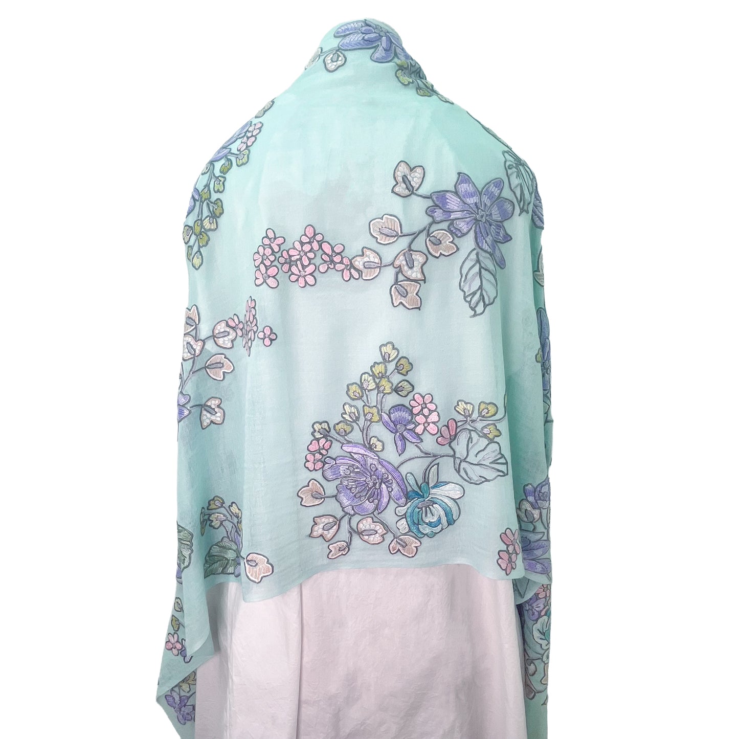 [Free Shipping] Wool &amp; Silk Ali Hand Embroidered Stole 60cm x 200cm (White/Light Turquoise)