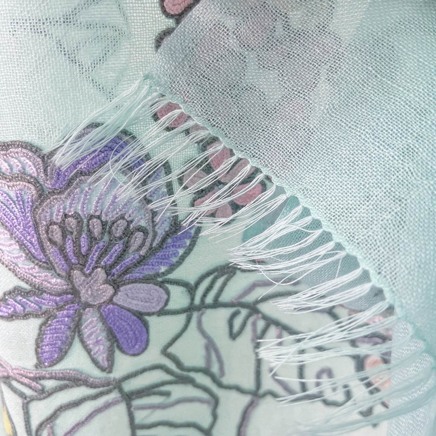 [Free Shipping] Wool &amp; Silk Ali Hand Embroidered Stole 60cm x 200cm (White/Light Turquoise)