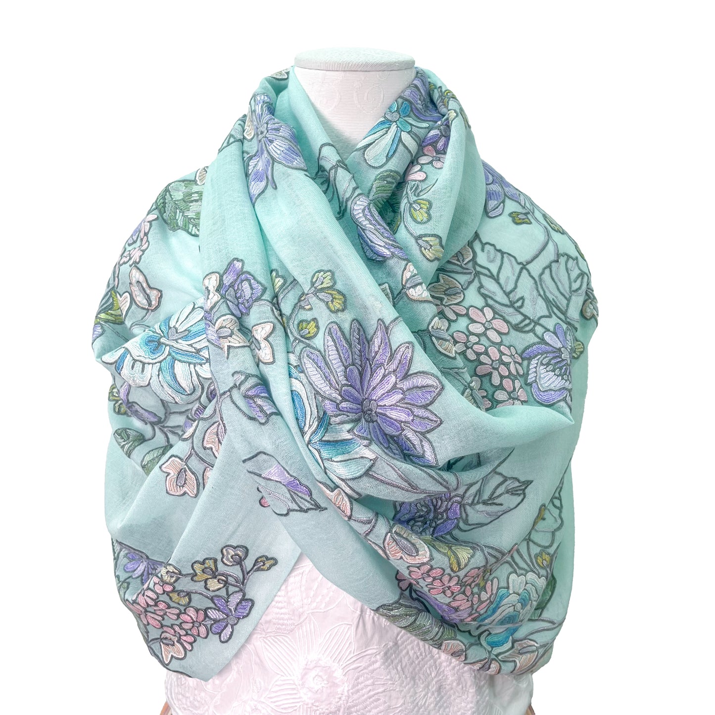 [Free Shipping] Wool &amp; Silk Ali Hand Embroidered Stole 60cm x 200cm (White/Light Turquoise)