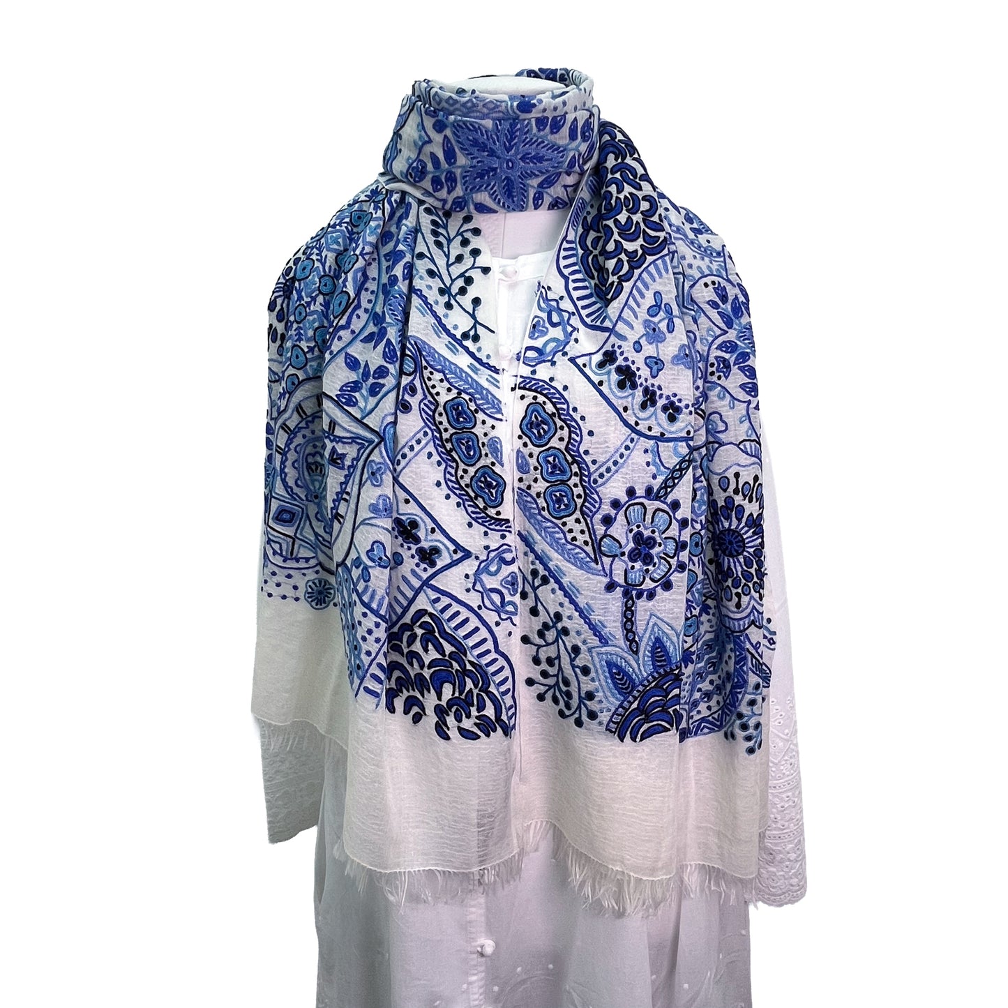 Lightweight wool and silk Allie hand-embroidered stole (navy)