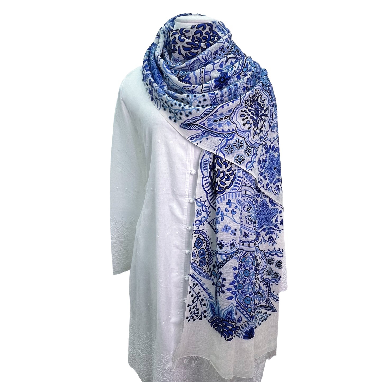 Lightweight wool and silk Allie hand-embroidered stole (navy)