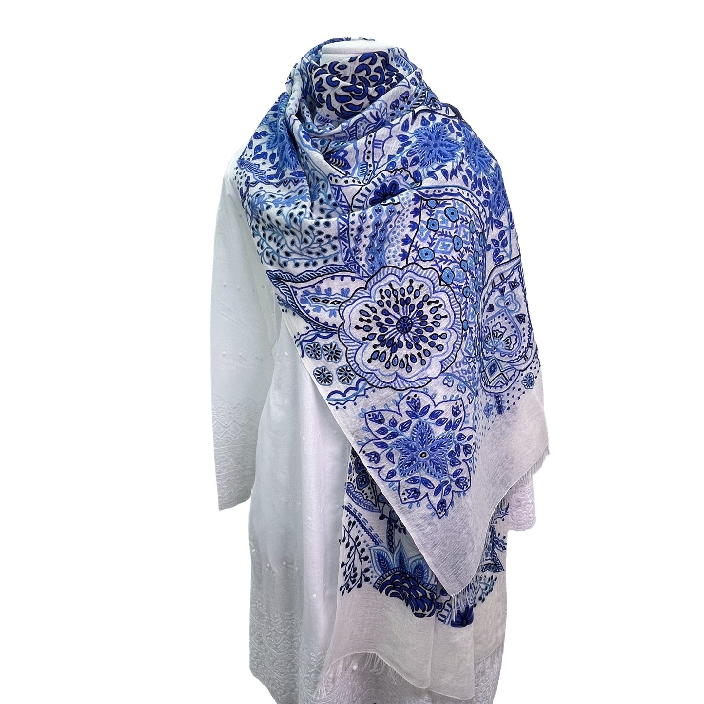 Lightweight wool and silk Allie hand-embroidered stole (navy)