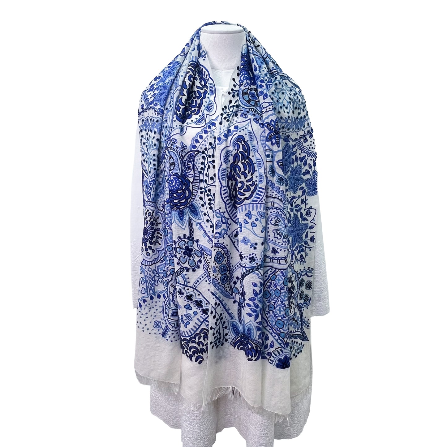 Lightweight wool and silk Allie hand-embroidered stole (navy)