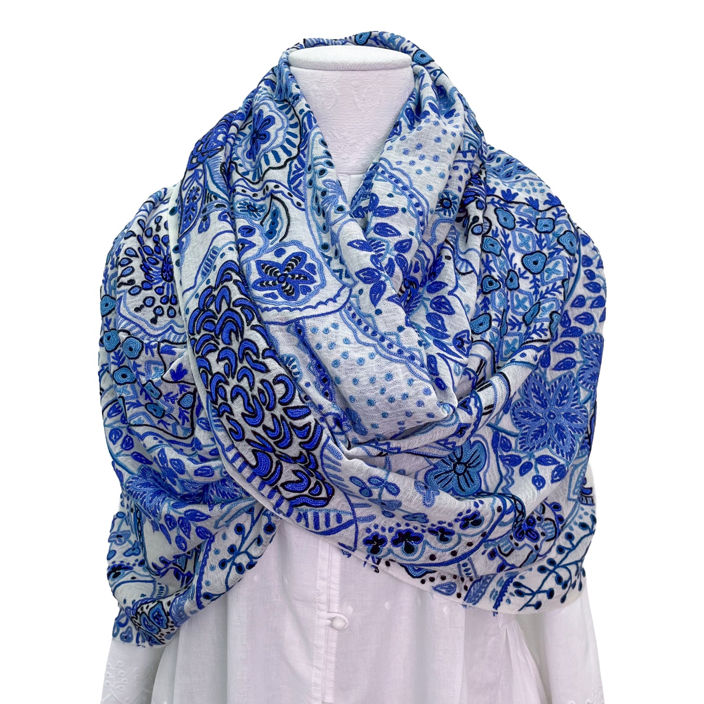 Lightweight wool and silk Allie hand-embroidered stole (navy)