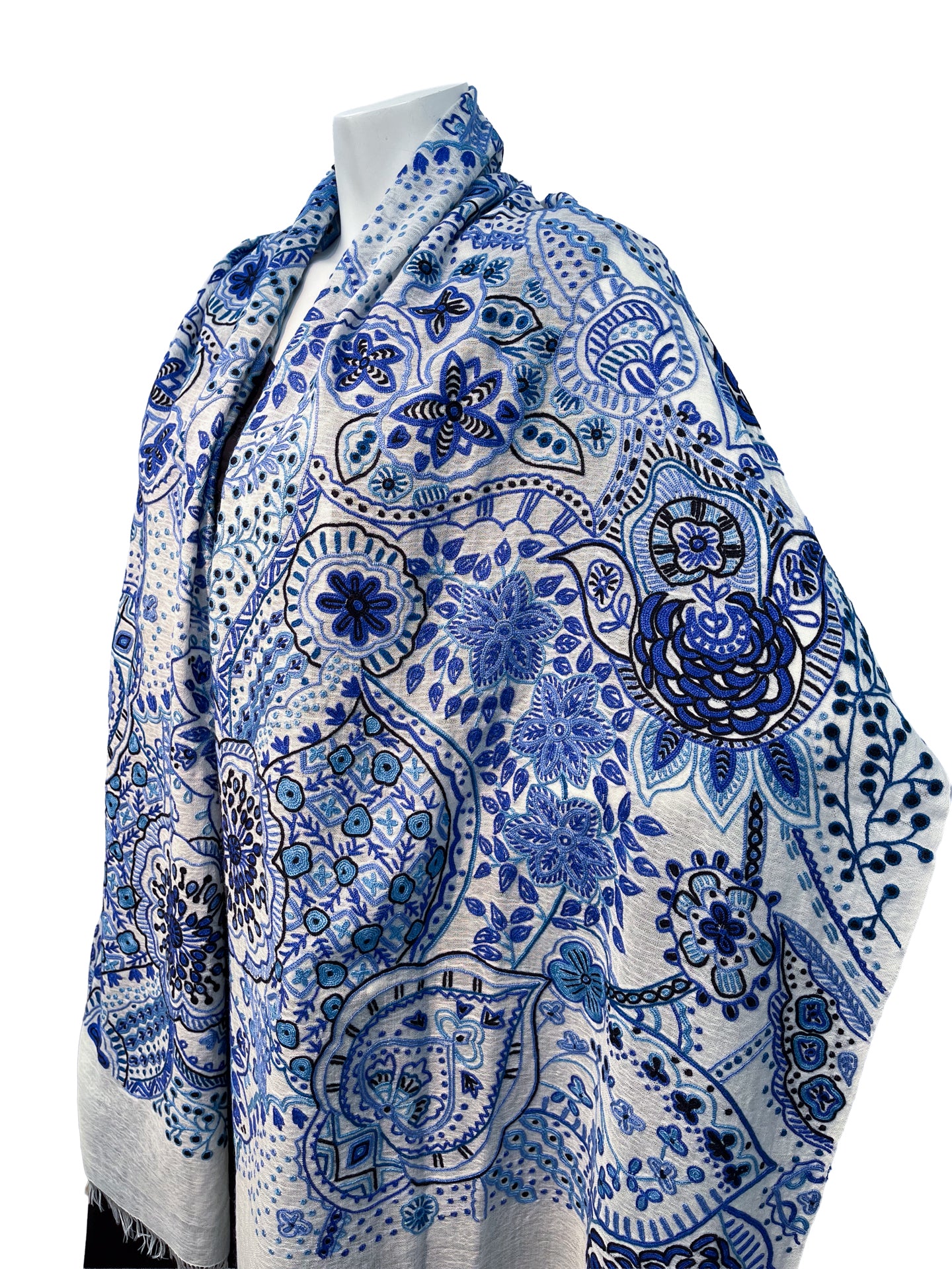Lightweight wool and silk Allie hand-embroidered stole (navy)
