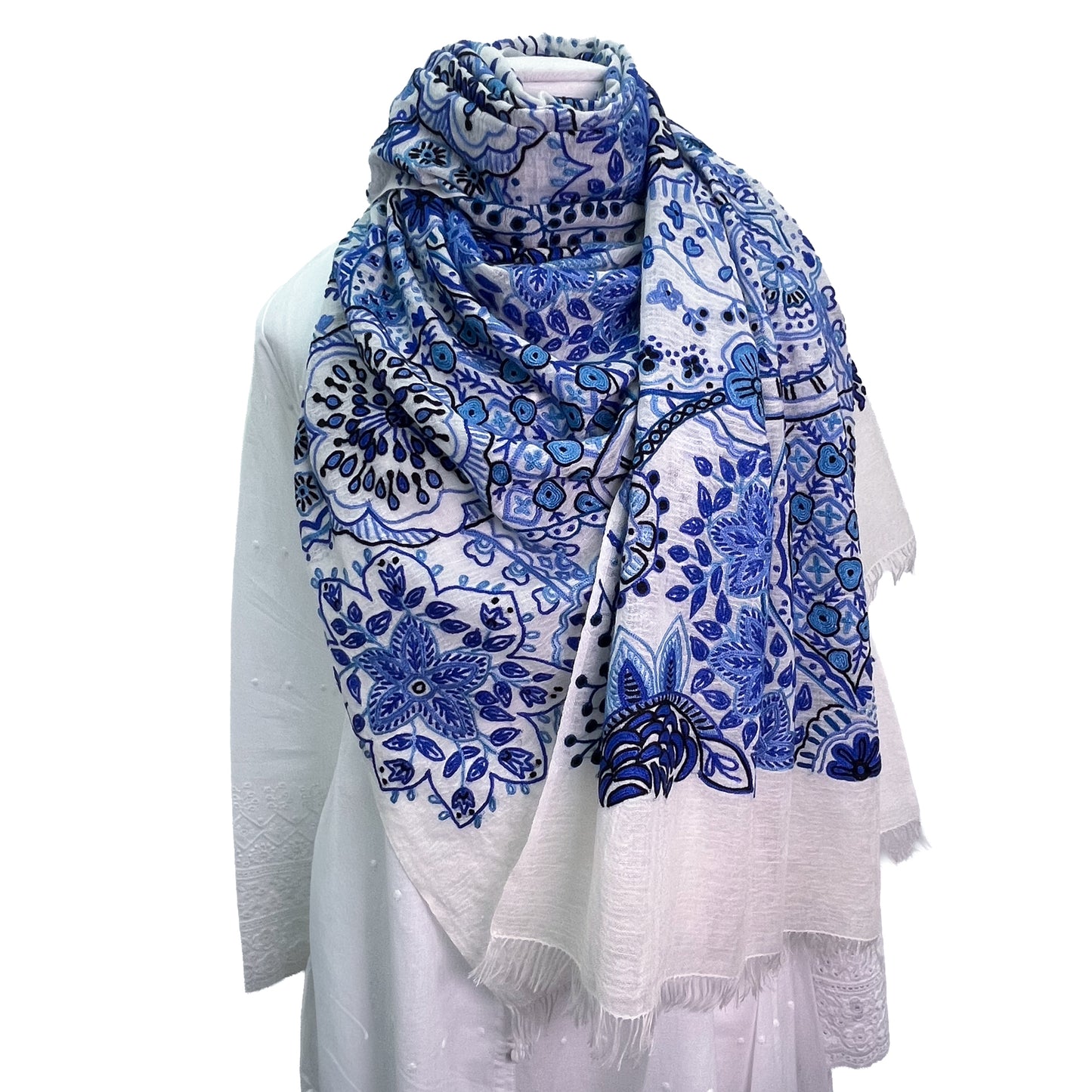 Lightweight wool and silk Allie hand-embroidered stole (navy)