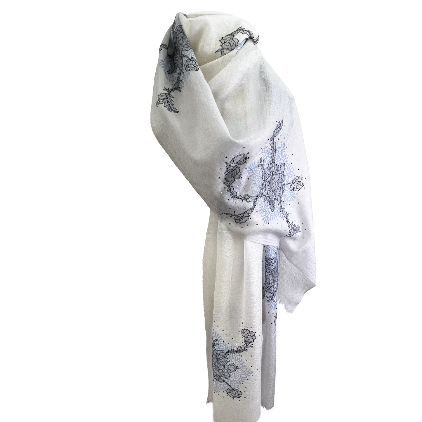 レースシリーズ 薄手カシミヤ レースストール (ホワイト-グレーグラデーション)